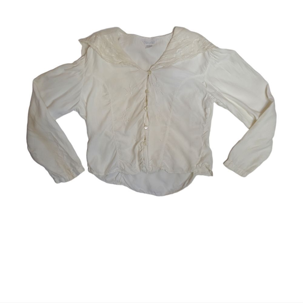 VINTAGE 90s does Edwardian white embroidered long‎ sleeve peasant blouse S
